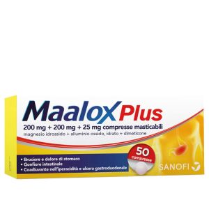 020702344 Maalox Plus 200 mg + 200 mg + 25 mg 50 Compresse Masticabili